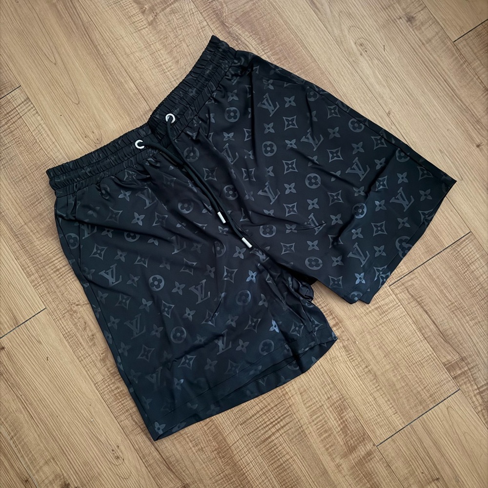 Black Monogram-Print Men's Swim Board Shorts